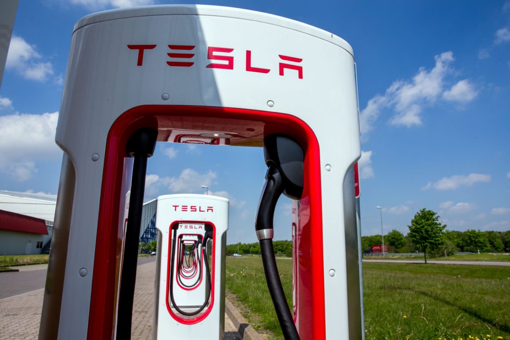 Tesla charging stations for electric cars are pictured in Wittenburg, northeastern Germany, on May 18, 2016. / AFP PHOTO / dpa / Jens Büttner / Germany OUT