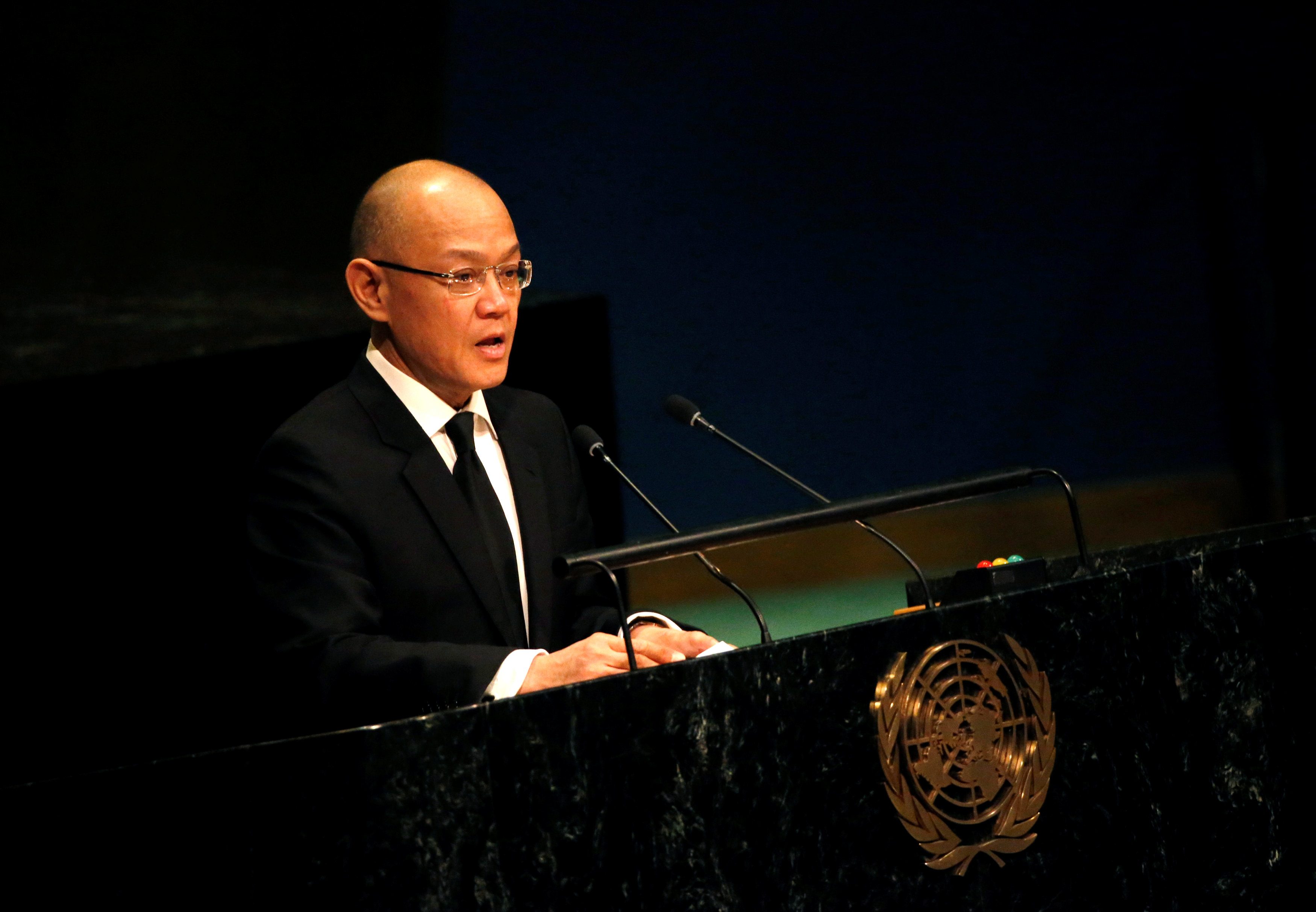 Thailand's Ambassador to the United Nations Virachai Plasai speaks during a tribute to the late King of Thailand Bhumibol Adulyadej in the General Assembly at United Nations headquarters in New York, October 28, 2016. REUTERS/Brendan McDermid
