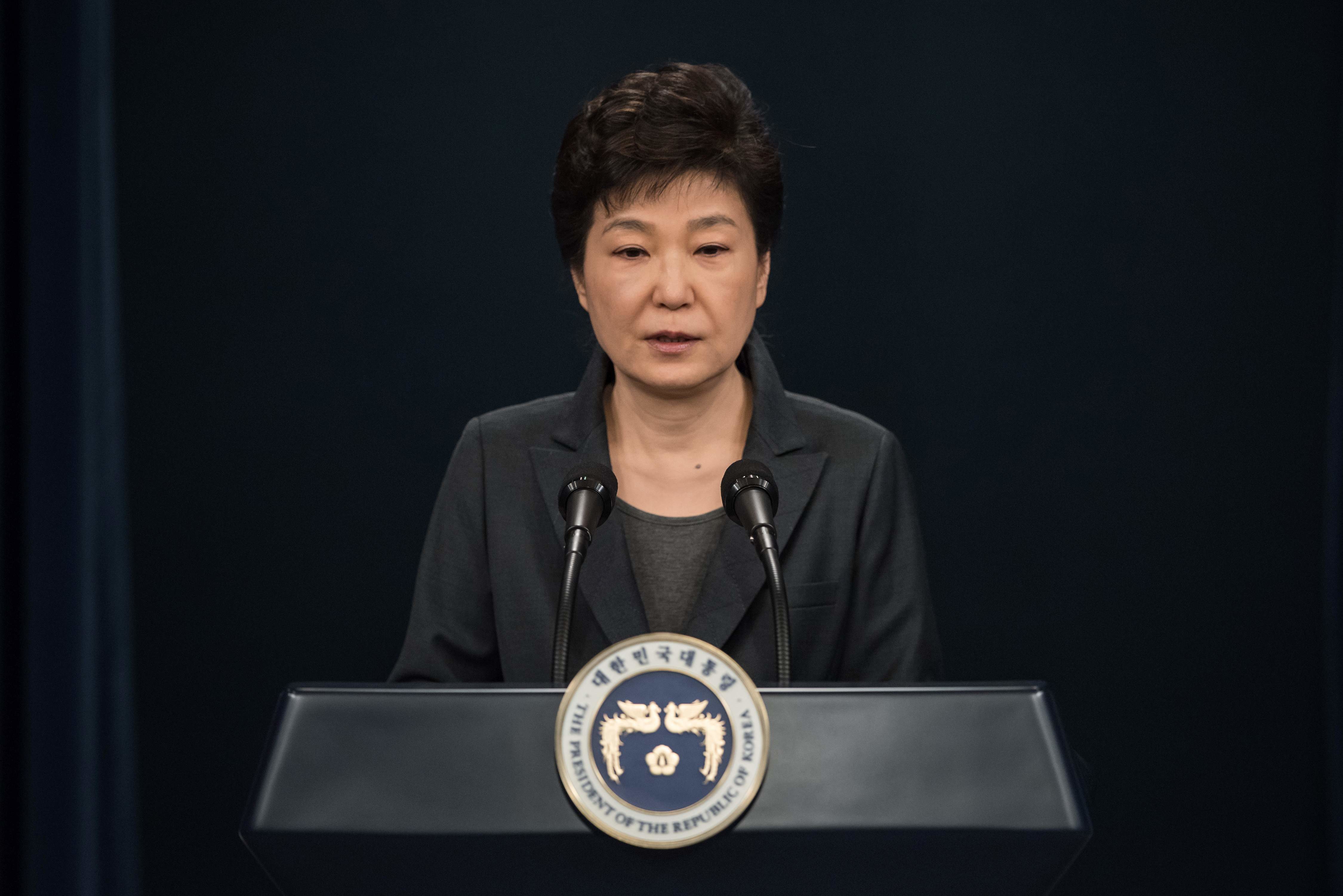 South Korea's President Park Geun-Hye speaks during an address to the nation at the presidential Blue House in Seoul on November 4, 2016. Park on November 4 agreed to submit to questioning by prosecutors investigating a corruption scandal engulfing her administration, accepting that the damaging fallout was "all my fault". / AFP PHOTO / Ed Jones